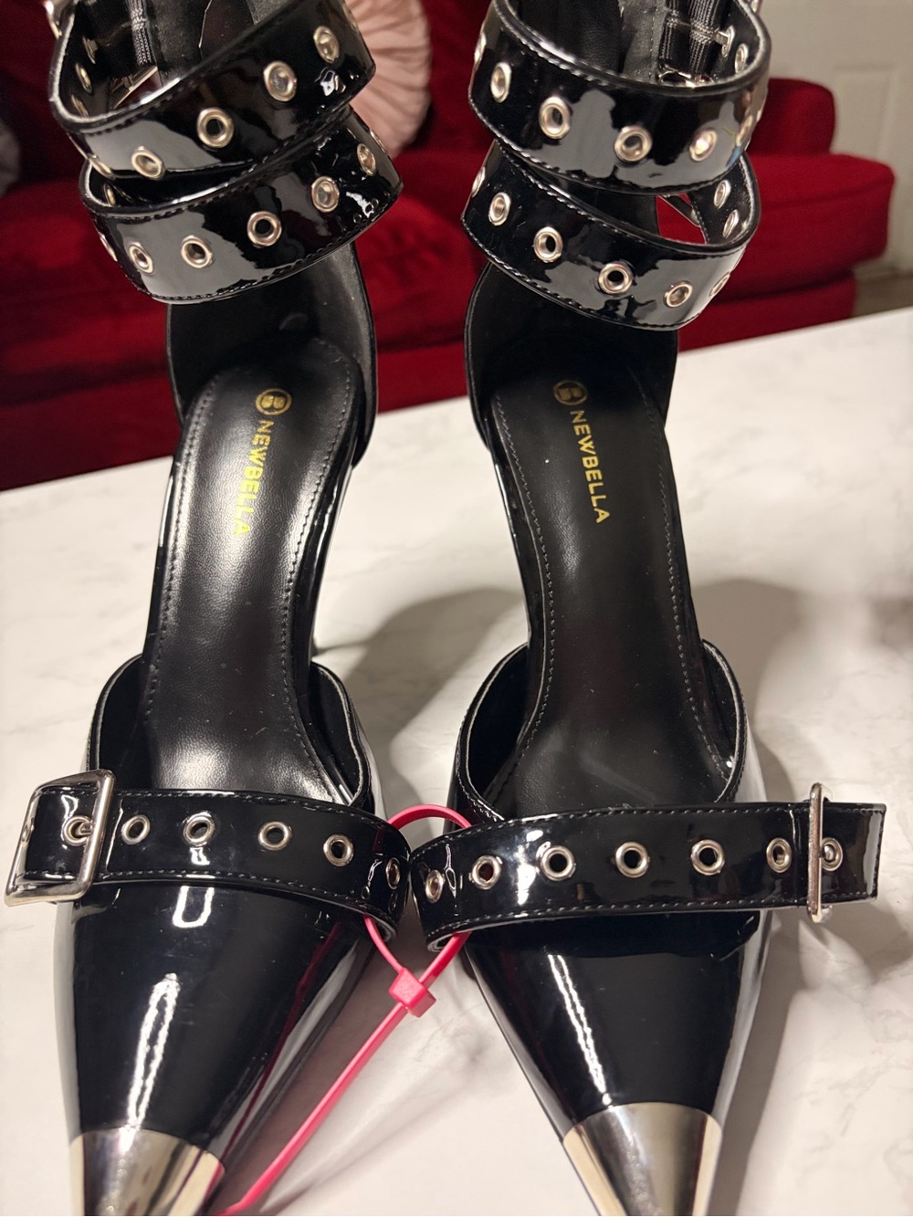 Newbella Black Patent Pointed Toe Ankle-Strap Heels with Metal Cap